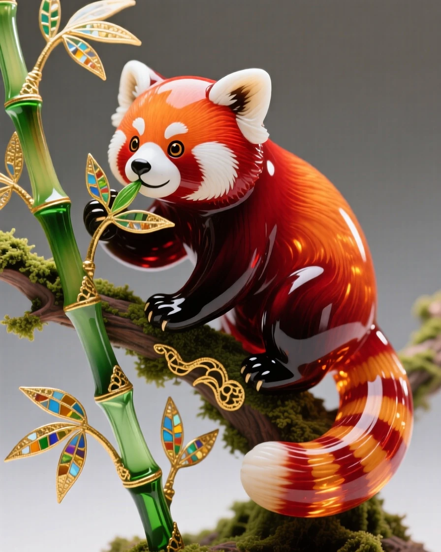 A red panda perched on a mossy branch nibbling bamboo leaves, whimsical and gentle.