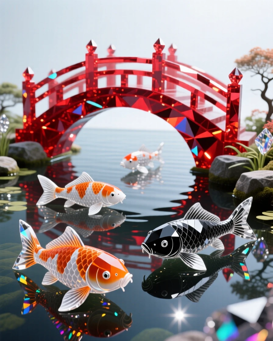 A quiet Japanese garden pond with koi swimming beneath a red arched bridge.