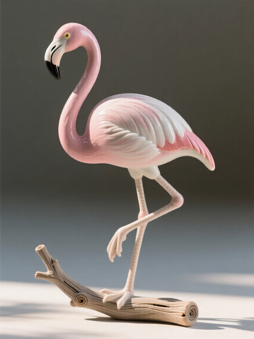 A flamingo standing on one leg poised delicately on a slender branch, framed by soft rays of morning sun, evoking lightness, freedom, and grace.