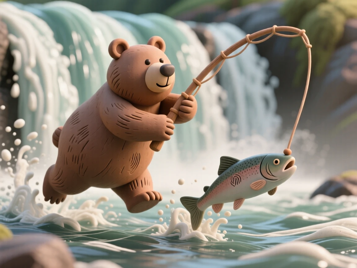 A bear fishing for salmon mid-leap in a rushing river waterfall
