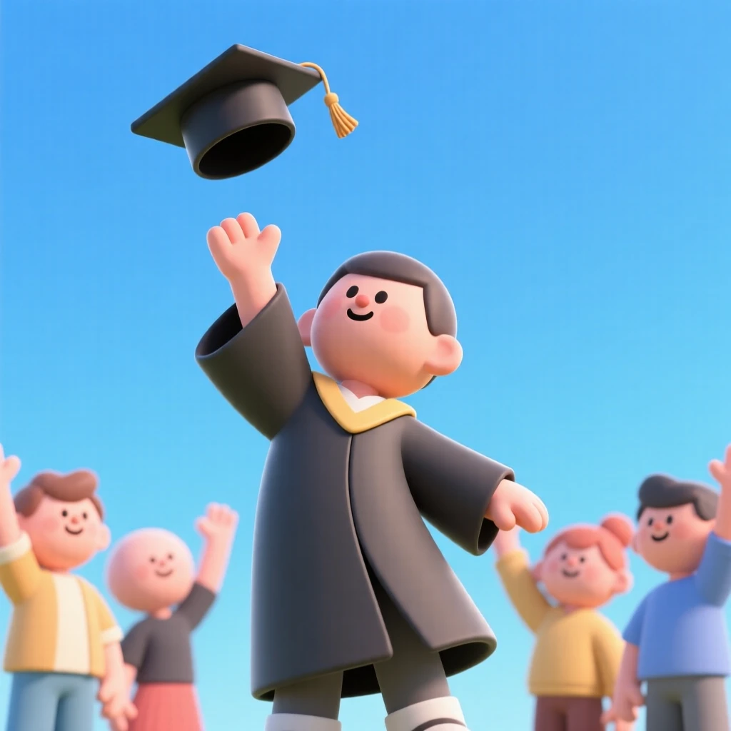 A proud graduate tosses a cap into the air, gown flowing as classmates cheer beneath a bright blue sky.
