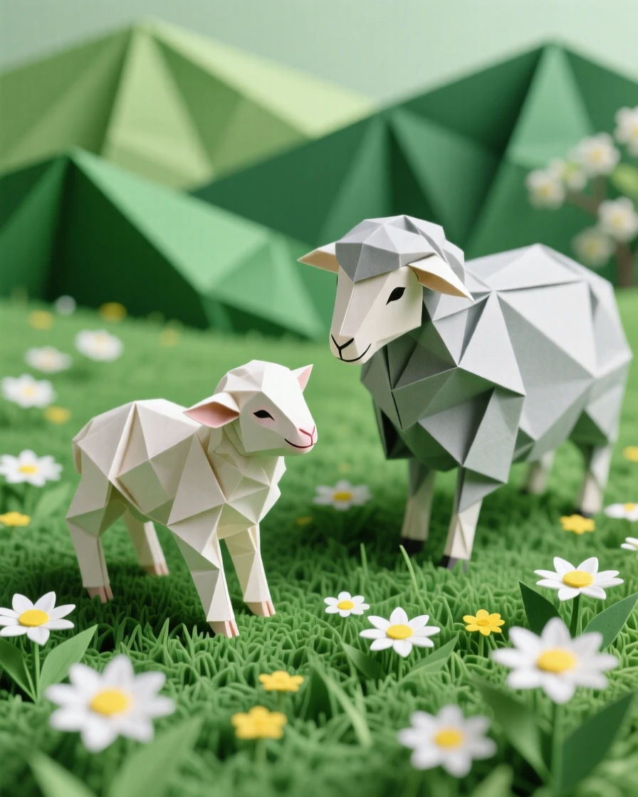 A newborn lamb standing on unsteady legs in a green spring field dotted with daisies, mother ewe watching nearby.