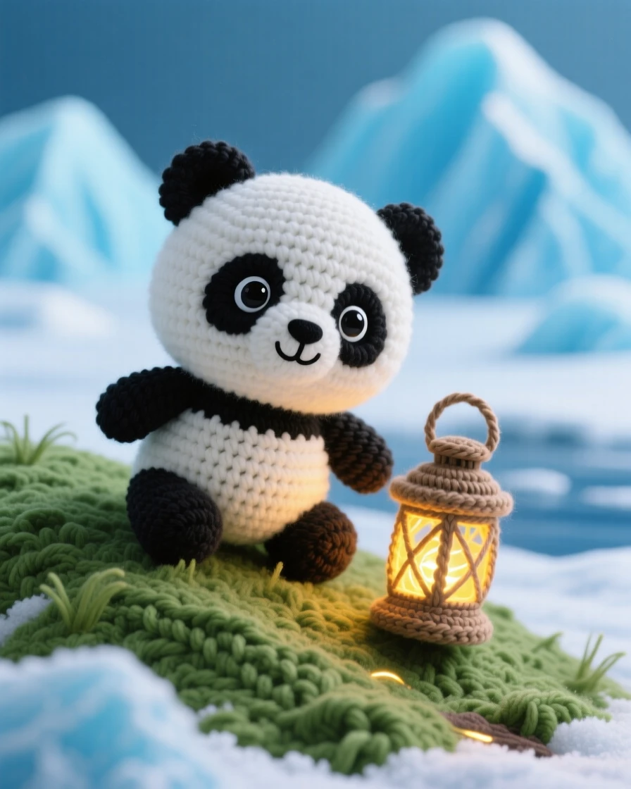 a round baby panda cub with black-ringed eyes and a fuzzy coat is shown tumbling down a small grassy hill within an icy arctic landscape with distant blue glaciers, accompanied by a small lantern glowing warmly beside it, capturing playful mischief bubbling just beneath the surface.