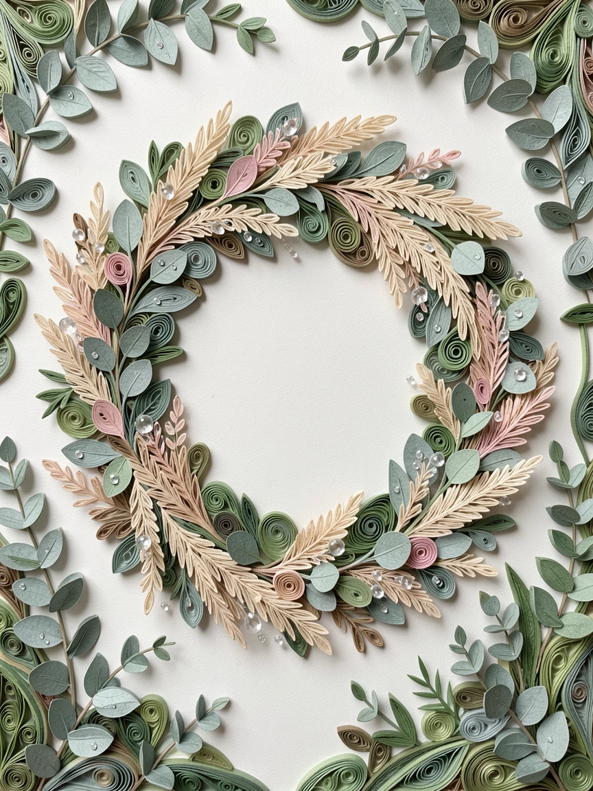 a wreath of eucalyptus and pampas grass, in an overgrown secret garden corner, centered with generous negative space around it, with morning dew glistening on every petal.