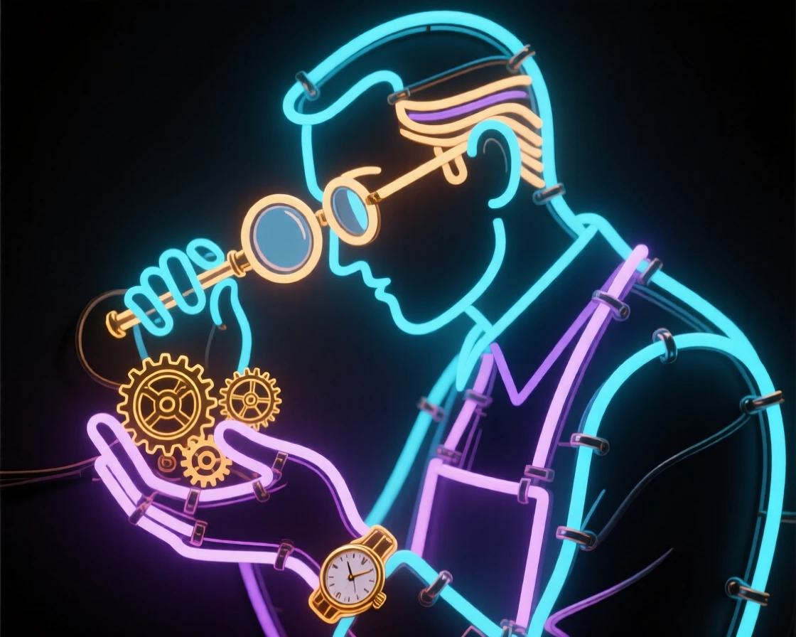 A watchmaker examining tiny gears through a jeweler's loupe.