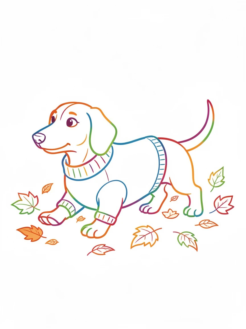 A dachshund wearing a tiny sweater trotting through fallen autumn leaves.