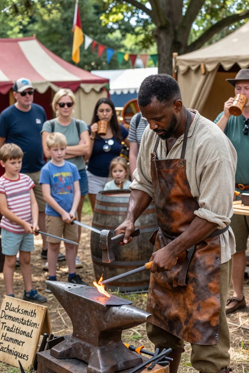 A Renaissance fair blacksmith demonstrates traditional hammer techniques for onlookers.