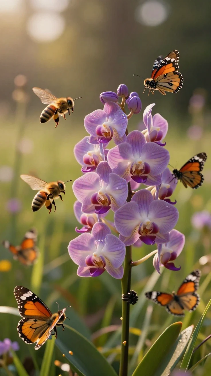 A cluster of wild orchids surrounded by buzzing bees and butterflies