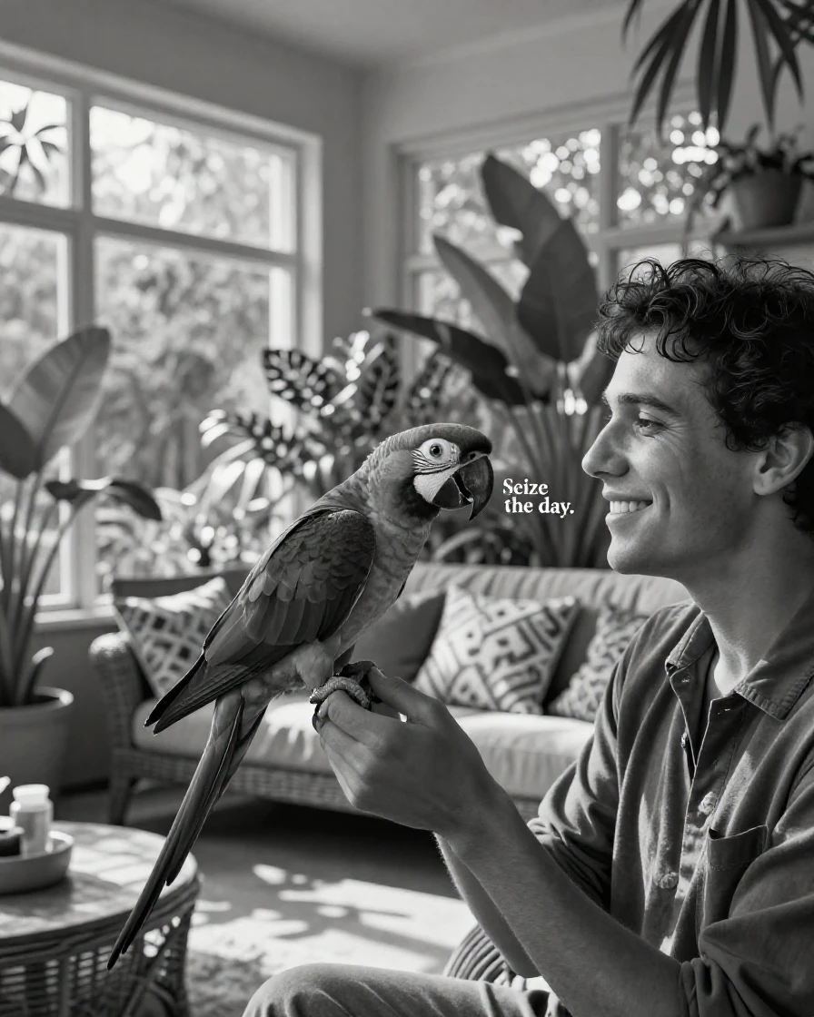 A parrot mimics its owner's favorite phrase inside a colorful sunroom.