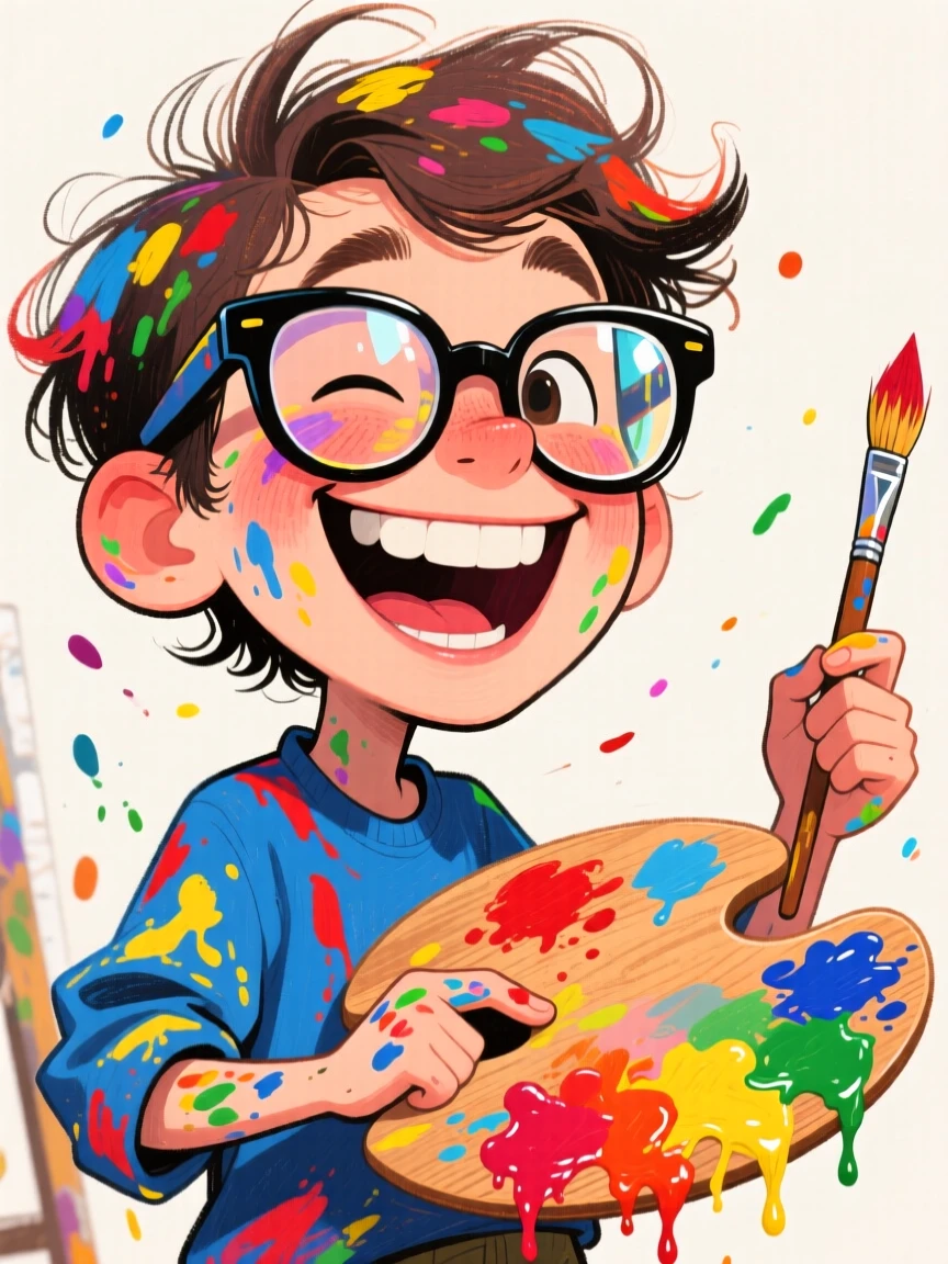 A young artist covered in paint splatters, holding a palette and grinning behind thick glasses.