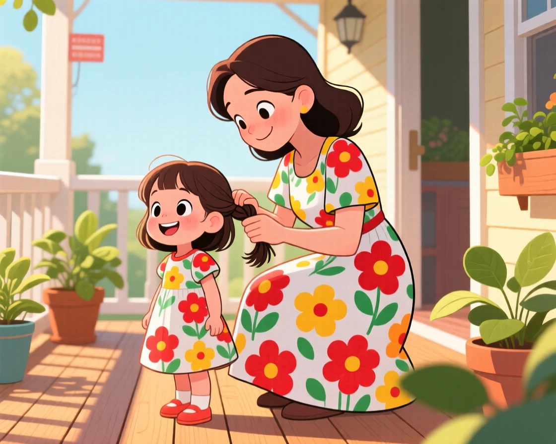 A heartwarming scene of a mother gently braiding her daughter's hair on a sunlit porch, both wearing matching floral dresses.