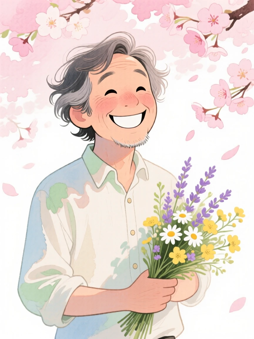 A middle-aged man with loose beach waves, grinning ear to ear, wearing a linen button-down shirt and cradling a bouquet of wildflowers, beneath a canopy of cherry blossoms