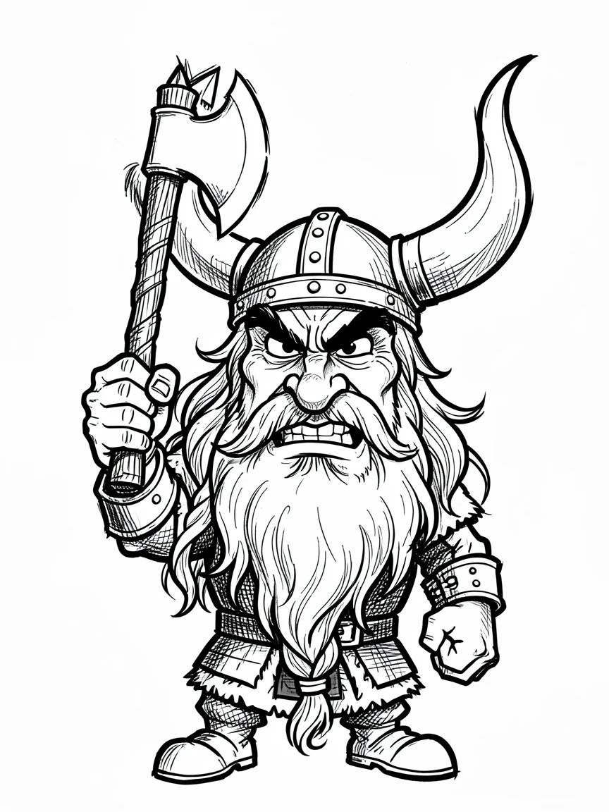 [People Portraits & Characters] Portrait of a fierce Viking warrior raising an axe with a horned helmet, full of personality and charm