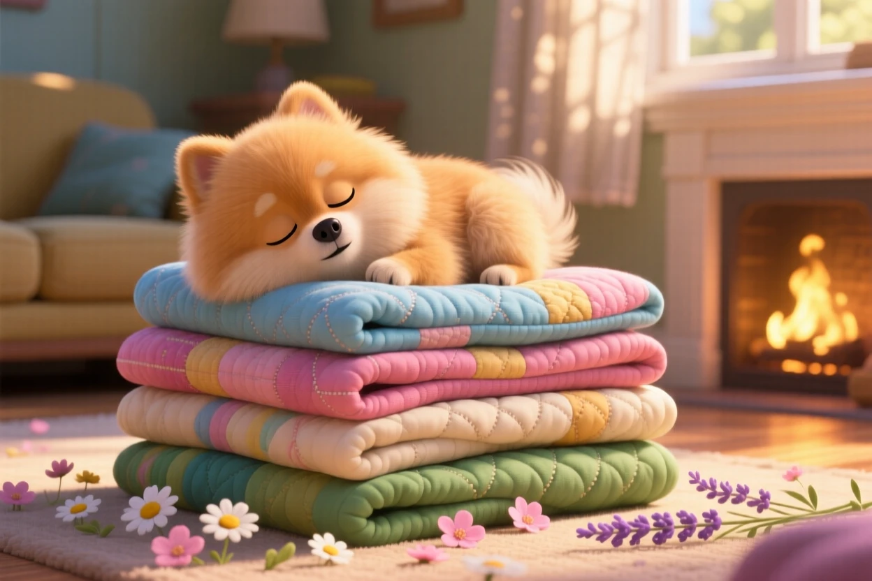 A fluffy Pomeranian is dozing on a stack of folded quilts, tilting its head curiously. A quiet, comforting sweetness surrounds the scene, with a scattering of small flowers around it.