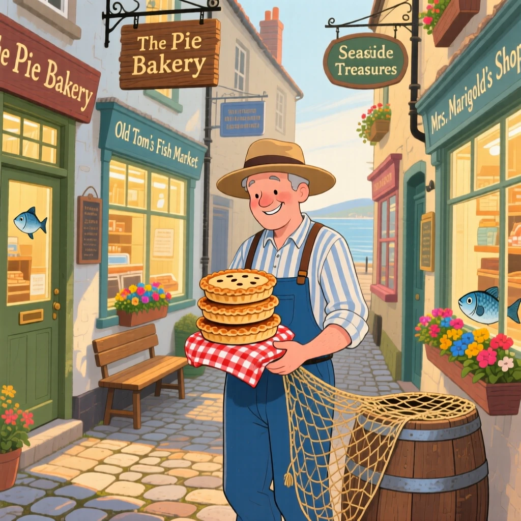 A fisherman mending his nets pauses while carrying a stack of freshly baked pies in a narrow alley lined with shops, with warm light spilling from every window.