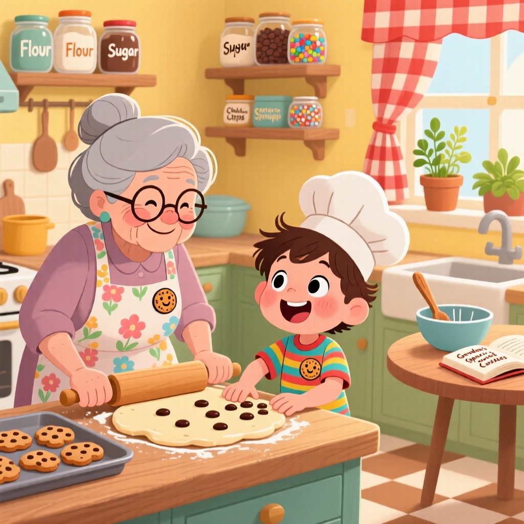 A grandmother and grandchild baking cookies together in a cozy kitchen.