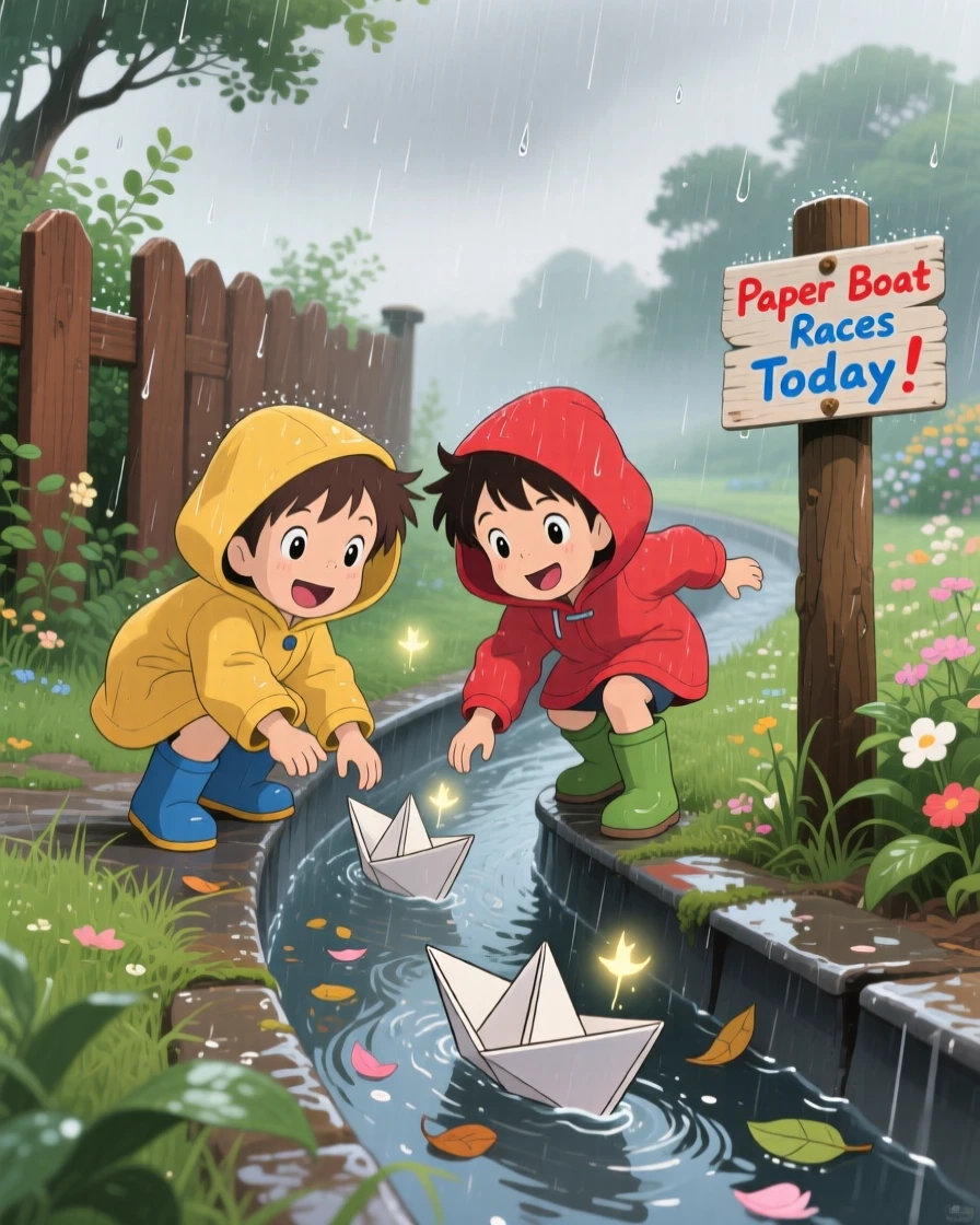 Children racing paper boats down a rain gutter, the moment bright with youthful wonder.