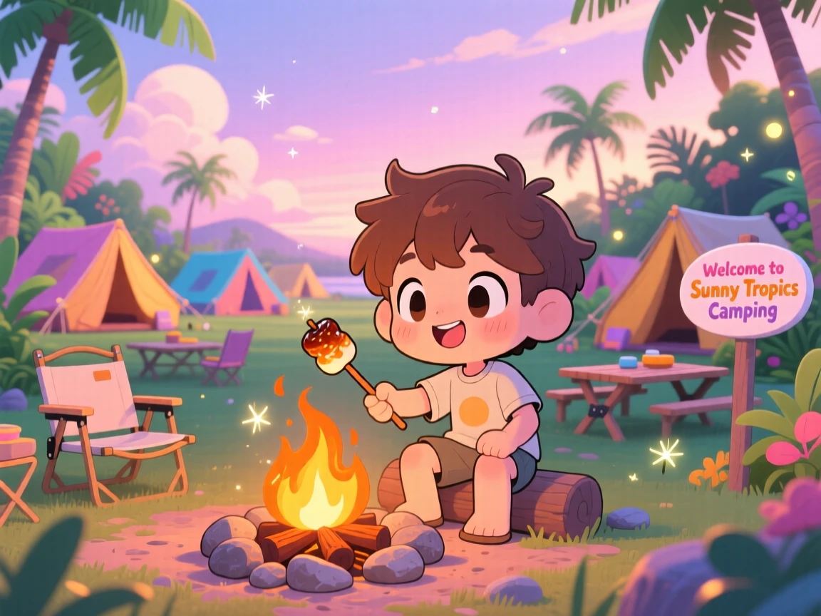 A young boy roasting a marshmallow over a campfire, framed as a wide establishing shot within a family camping site, on a warm tropical afternoon, glowing under soft pastel light of dawn, evoking delighted joy.