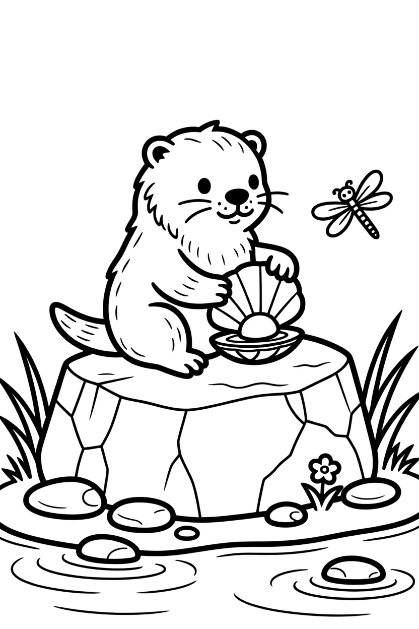 A baby otter learning to crack open a shell on a rock