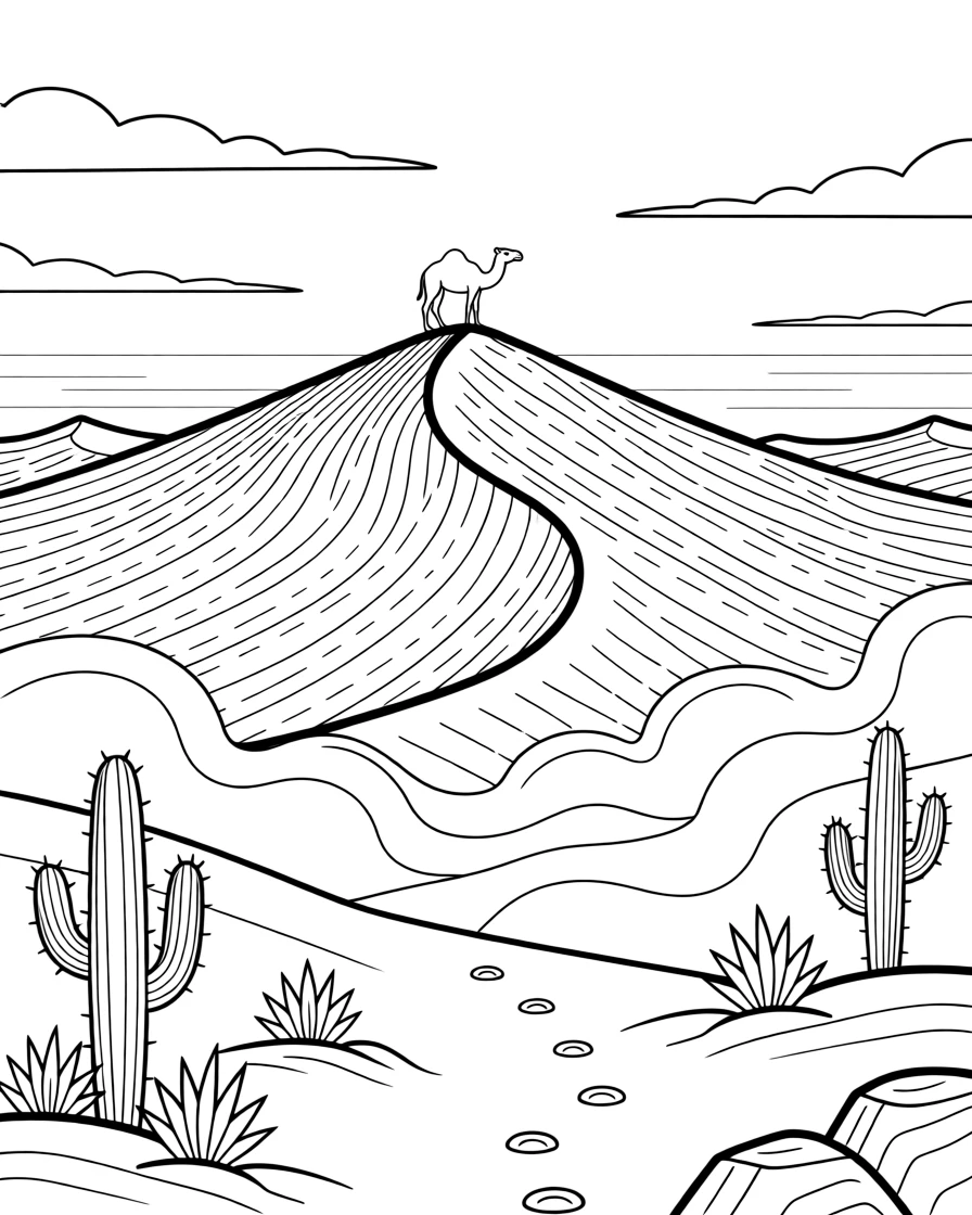 A desert landscape with towering sand dunes at sunset, with mist rolling gently across the ground.