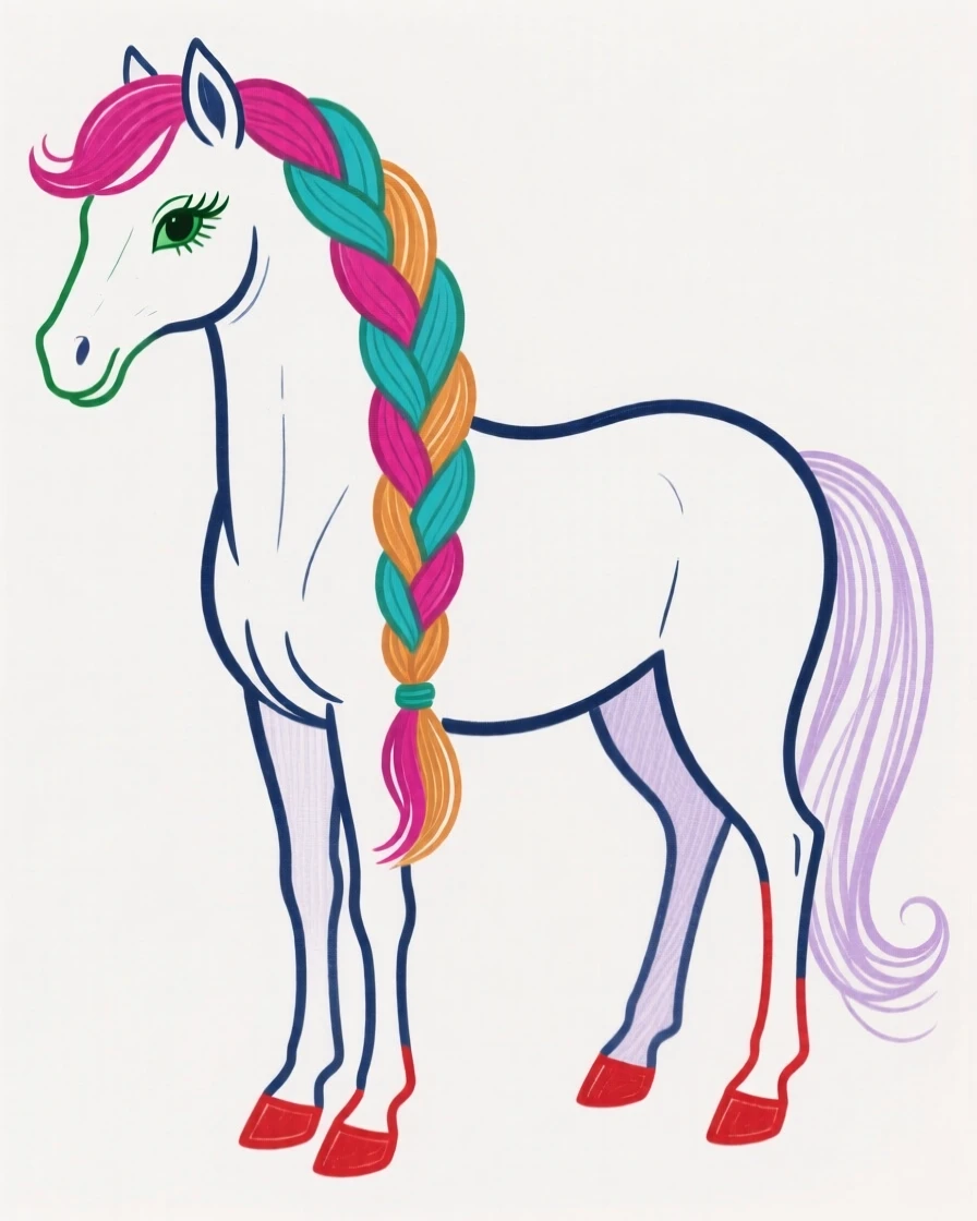 A pony with a braided mane.
