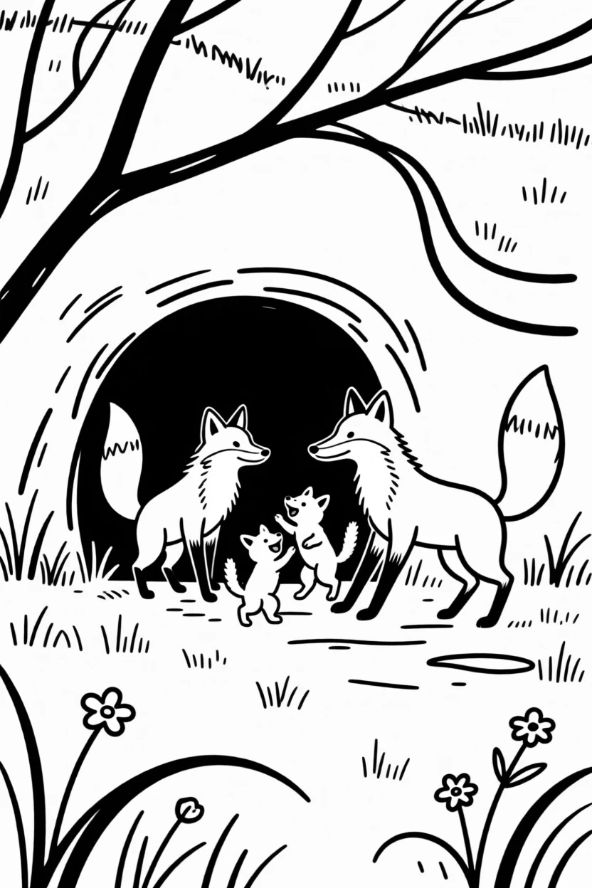 A fox family playing outside their den entrance in a spring meadow.