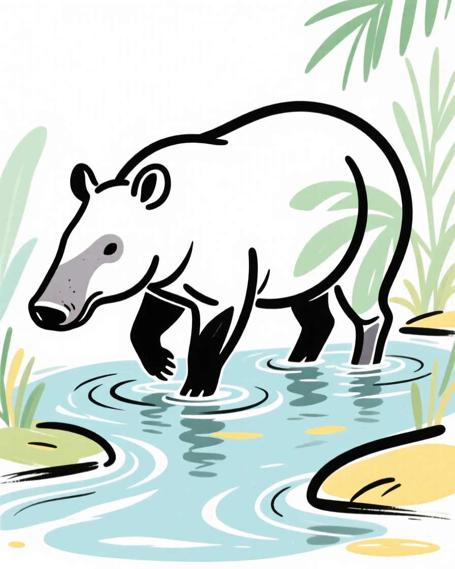 A tapir wading through a shallow jungle stream.