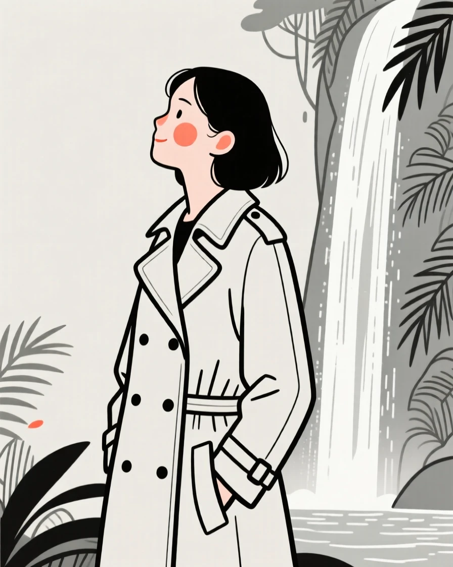 A woman in her thirties in a vintage-inspired trench coat, looking hopeful toward the horizon, by a waterfall in the jungle.