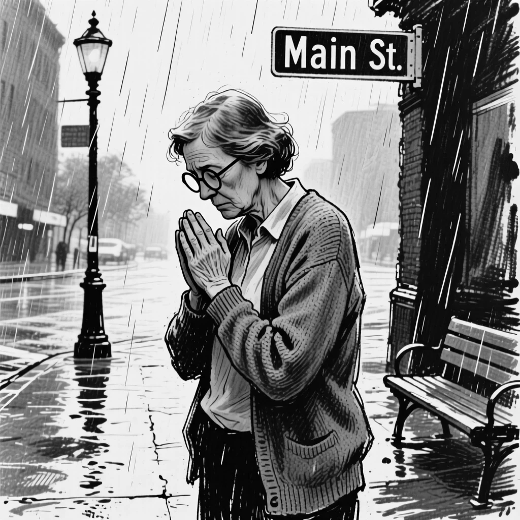 A librarian praying quietly with hands clasped together, on a rainy street corner.