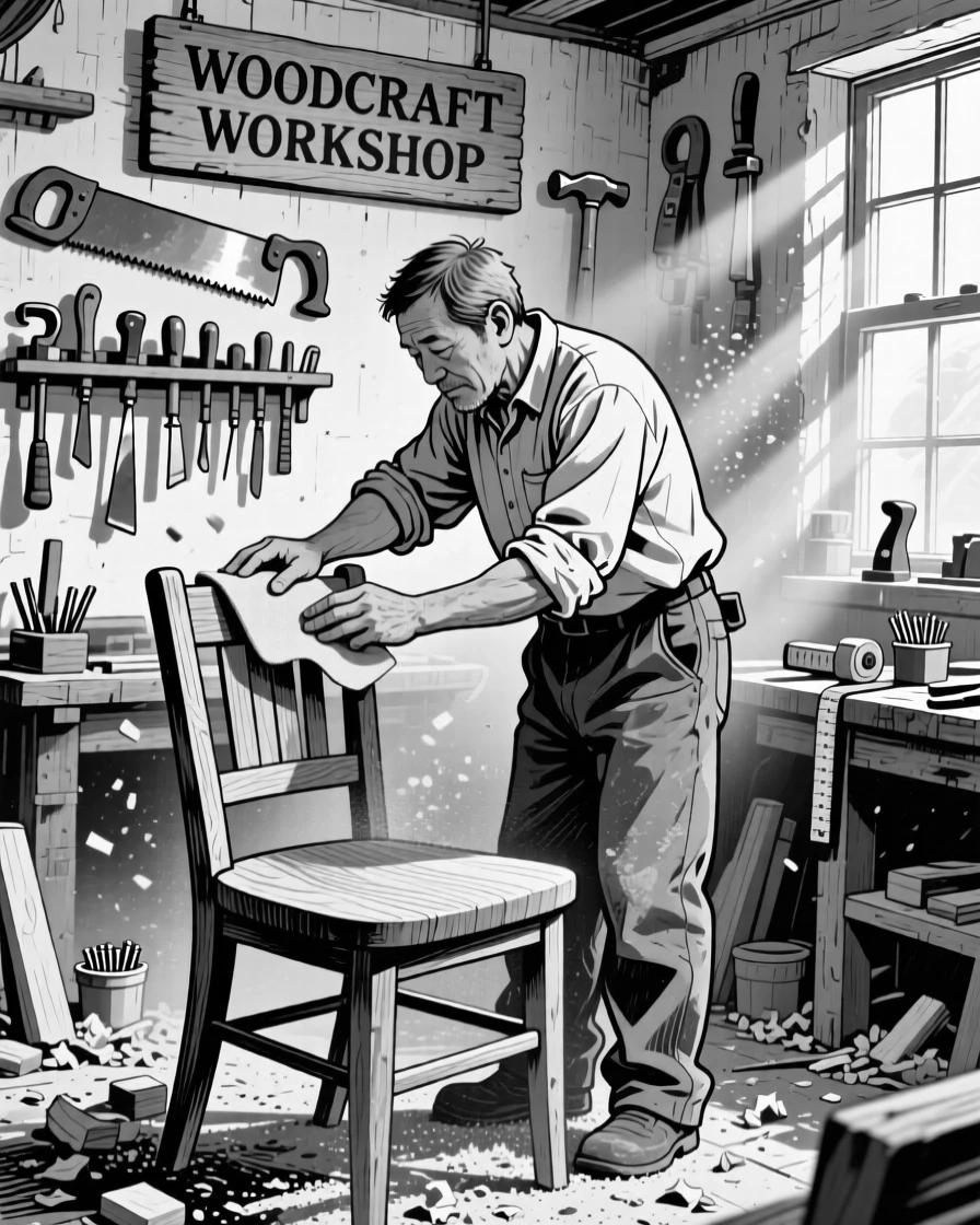 A carpenter carefully sanding a wooden chair in a sunlit workshop filled with tools.