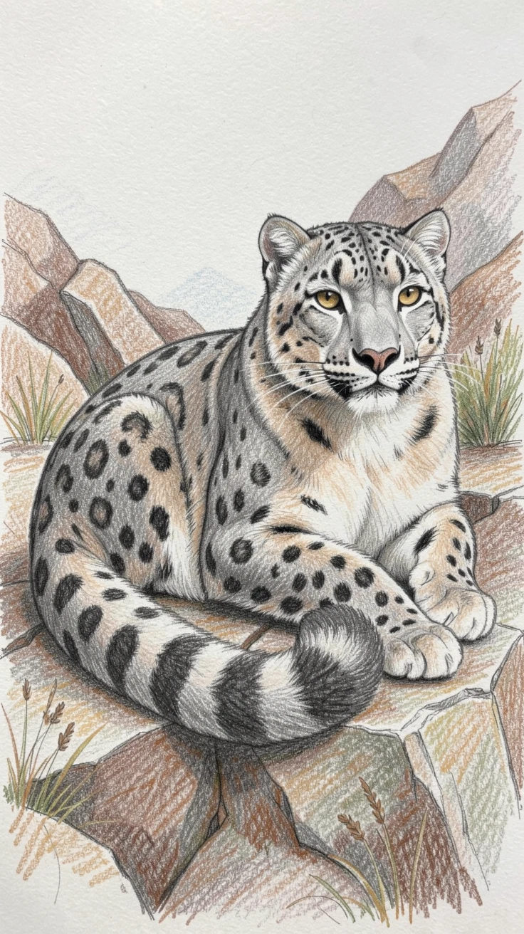 A snow leopard resting on a rocky mountain ledge, framed by a simple, uncluttered natural setting, evoking comfort, loyalty, and quiet companionship.