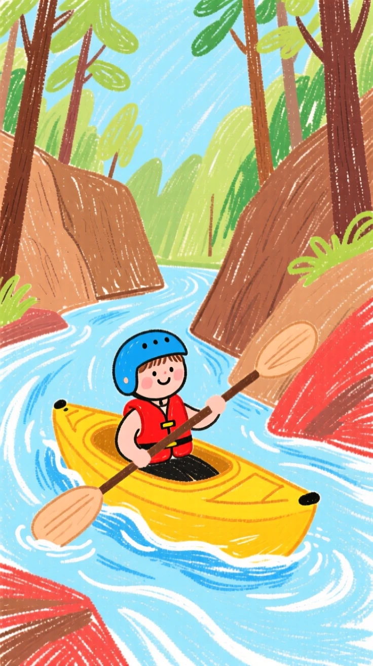 A kayaker paddling through calm rapids in a forested canyon.