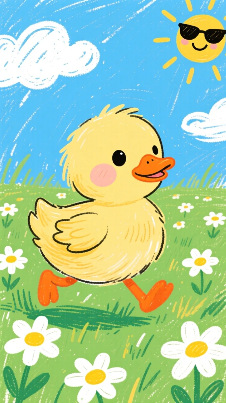 A fluffy duckling hopping through a meadow of daisies.
