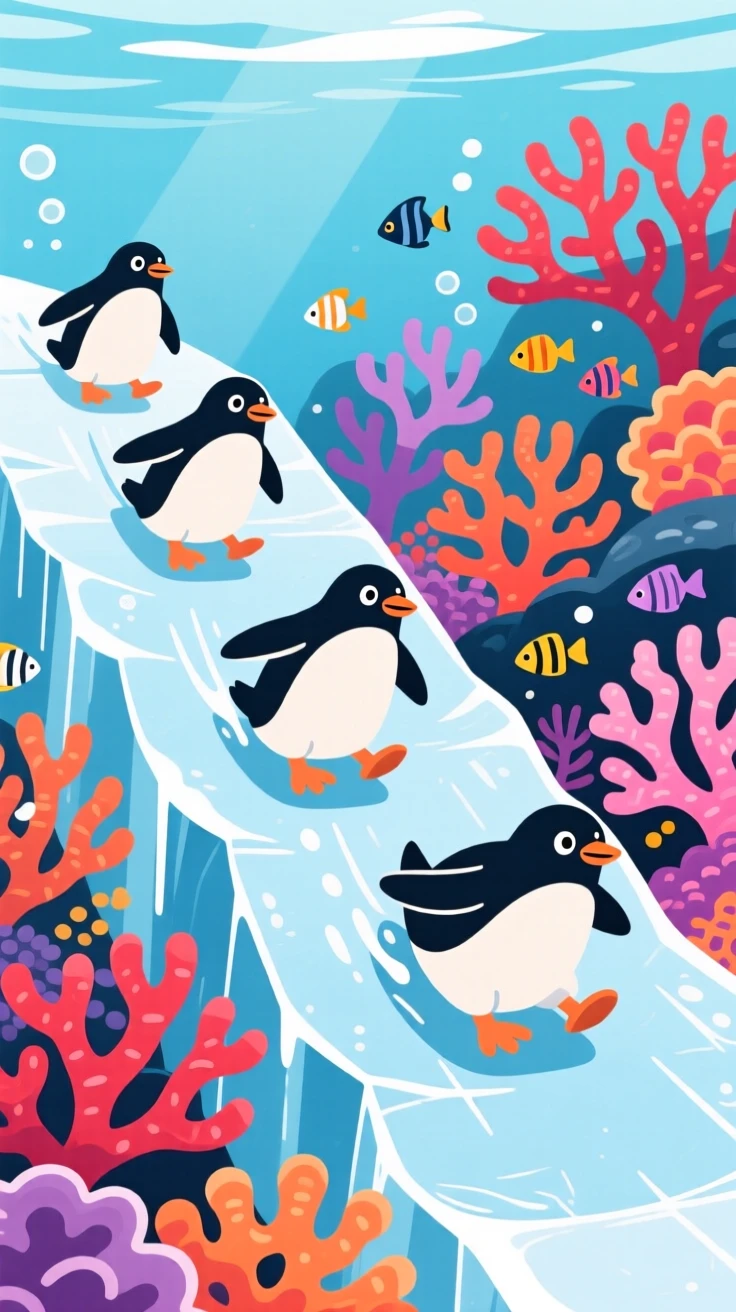 A group of penguins sliding down an icy slope on their bellies, framed by a vibrant coral reef teeming with color, positioned slightly off-center following the rule of thirds, with a sense of playful curiosity captured perfectly.