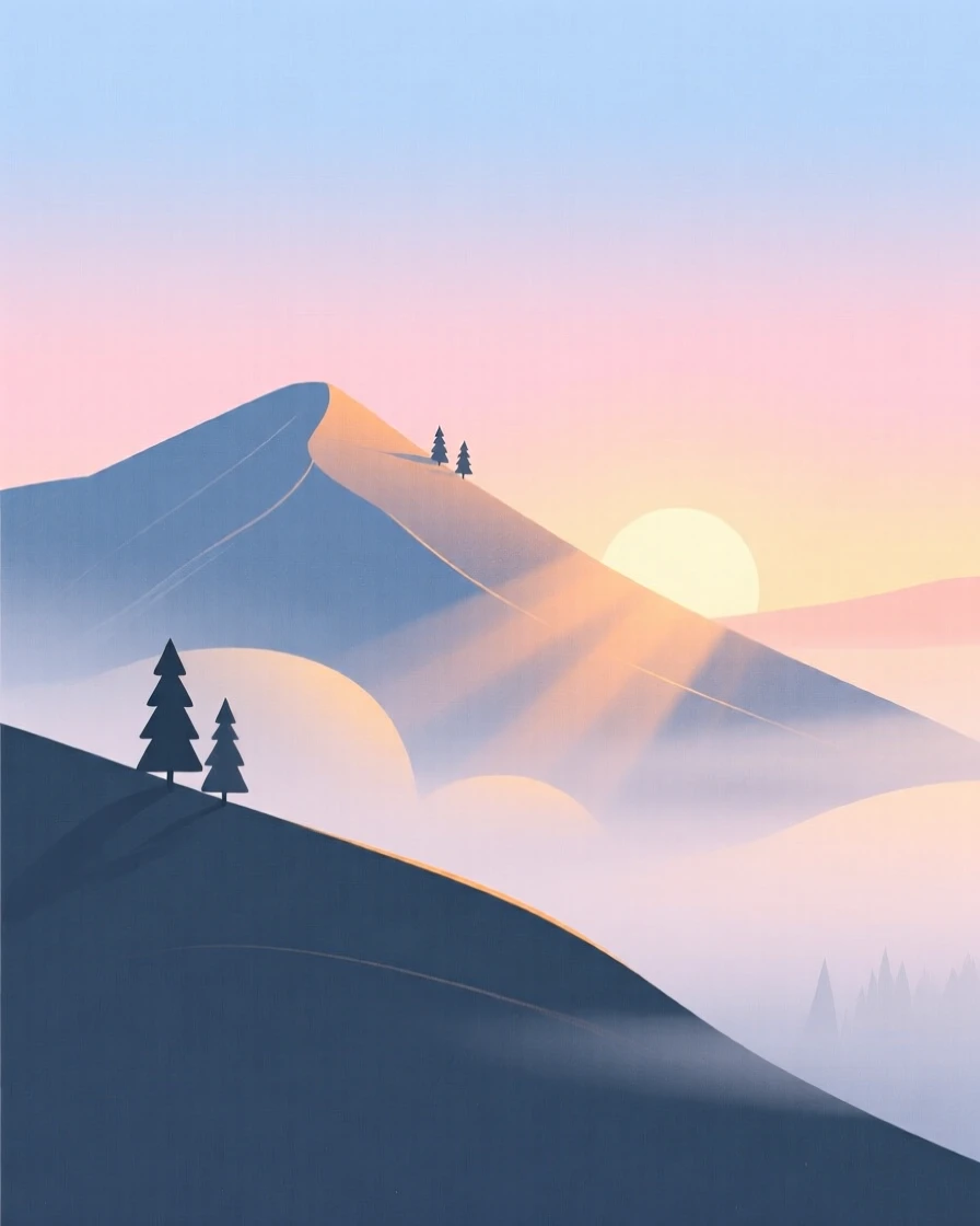 A misty alpine ridge at sunrise with soft light filtering through the rising mist.