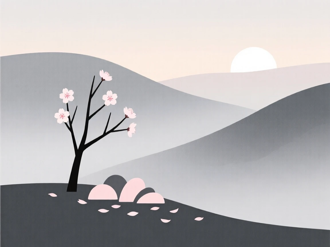A misty valley at dawn, quiet and still, cradles a cherry blossom tree resting beside a scattering of fallen leaves, capturing a feeling of gentle stillness.