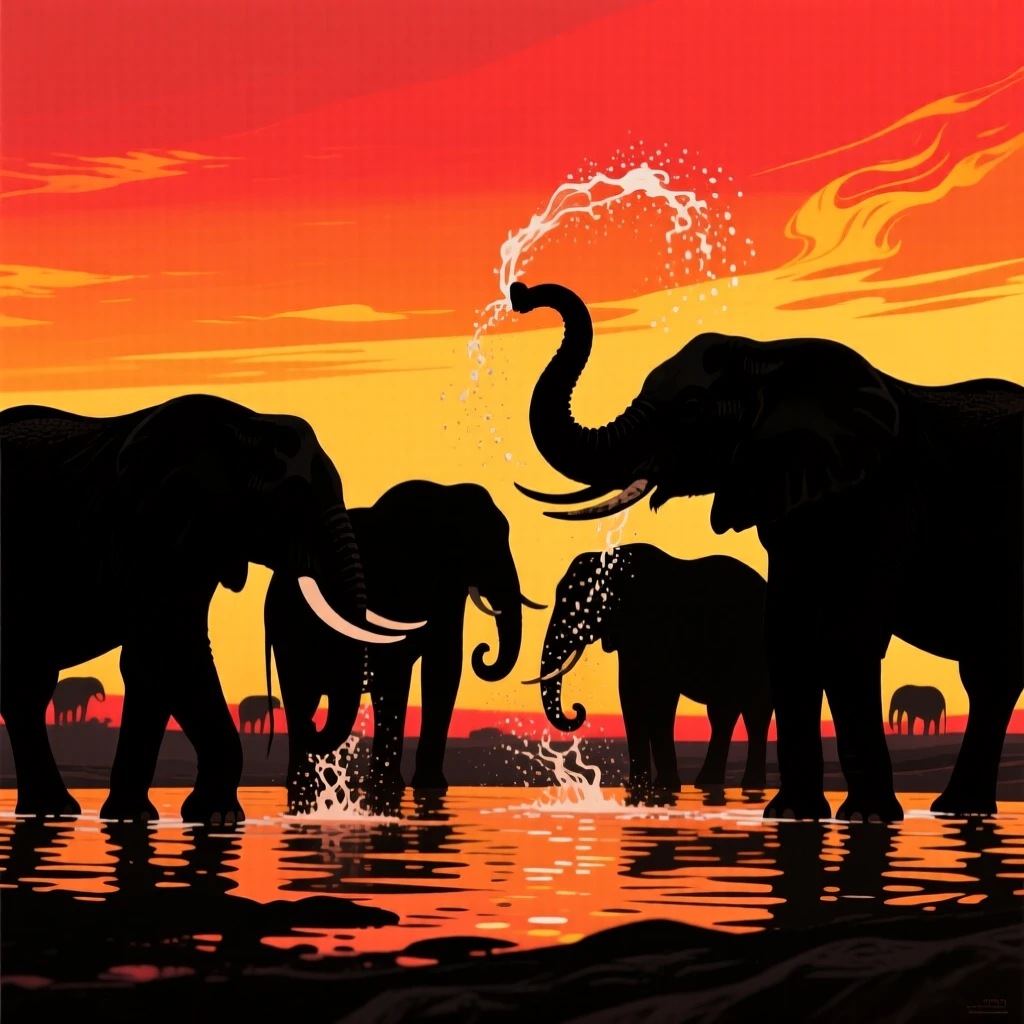A herd of wild elephants bathing and spraying water at a watering hole.
