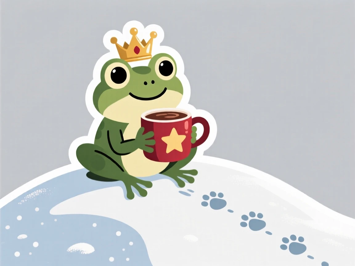 A wide-eyed little frog prince sipping cocoa from a star-shaped mug, on a snowy hill with tiny footprints trailing behind.