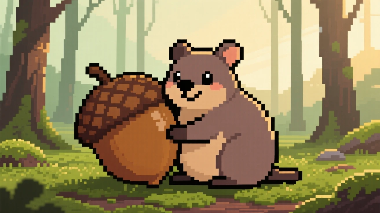 A plump quokka hugging a giant acorn, in a mossy forest clearing at dawn.