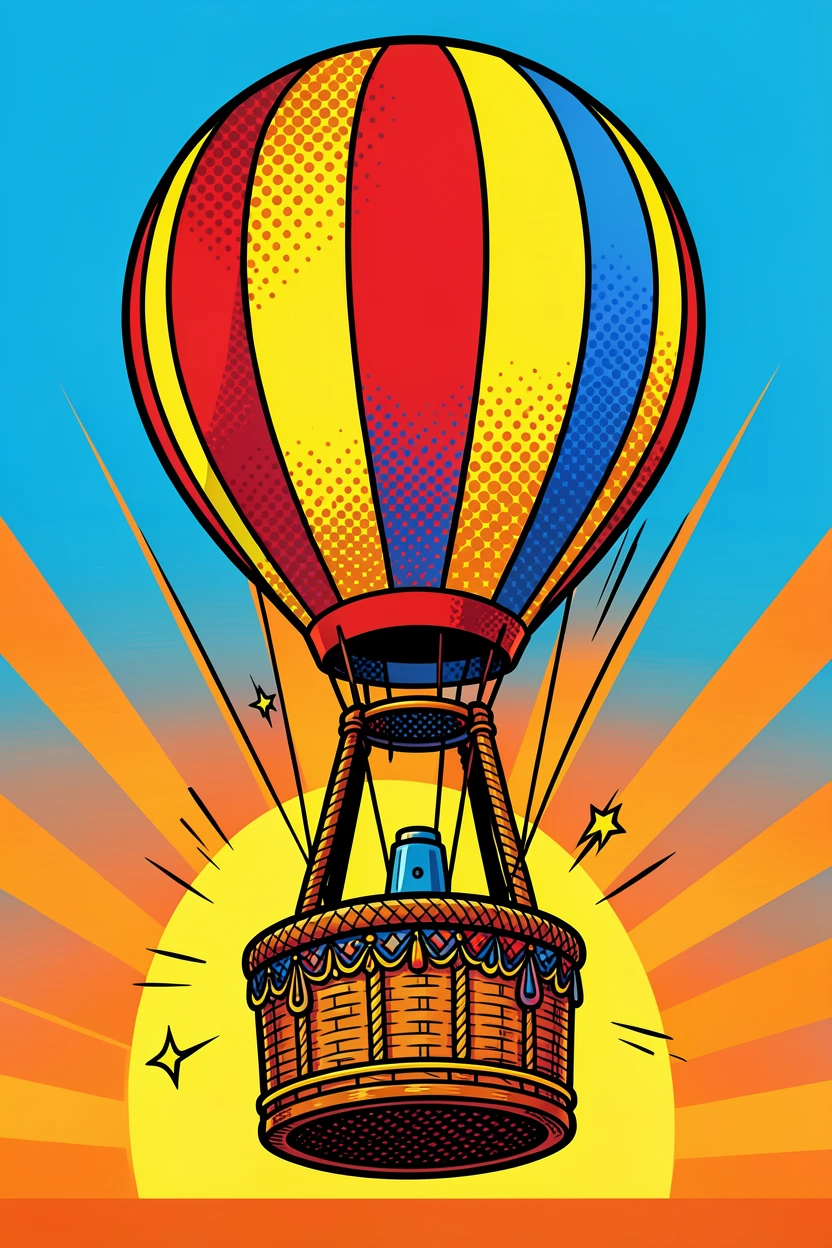 An elaborate hot air balloon basket lifting off at sunrise