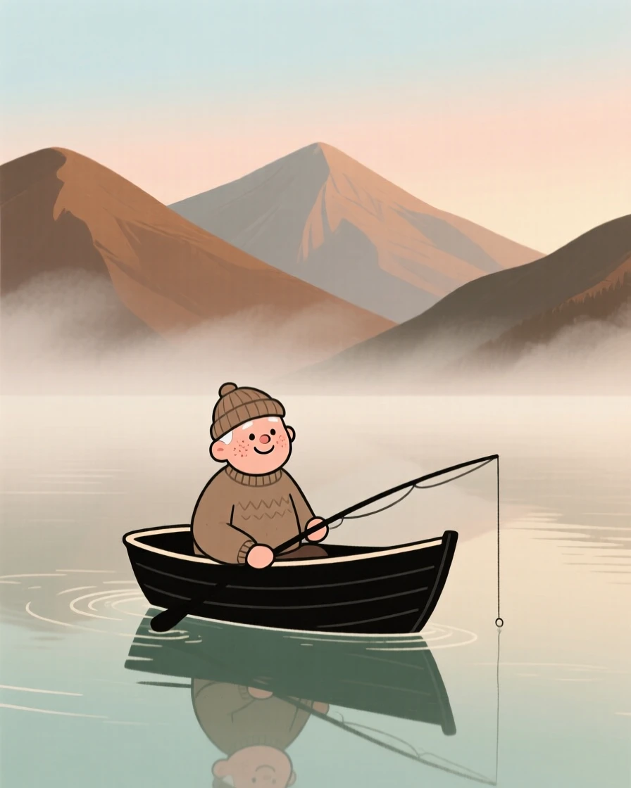 A lone fishing boat drifts across a still mountain lake as soft morning mist stretches across the surface and distant mountains rise in the distance.