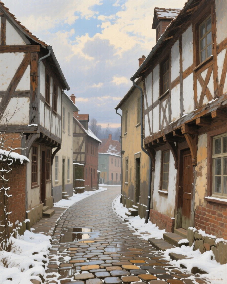 A balanced composition of a narrow cobblestone street lined with leaning half-timbered houses, beneath drifting clouds, in the quiet stillness of midwinter.