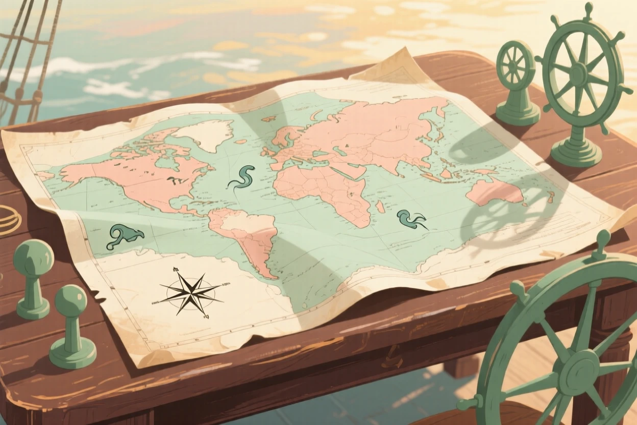 An old sailing chart spread across a captain's table