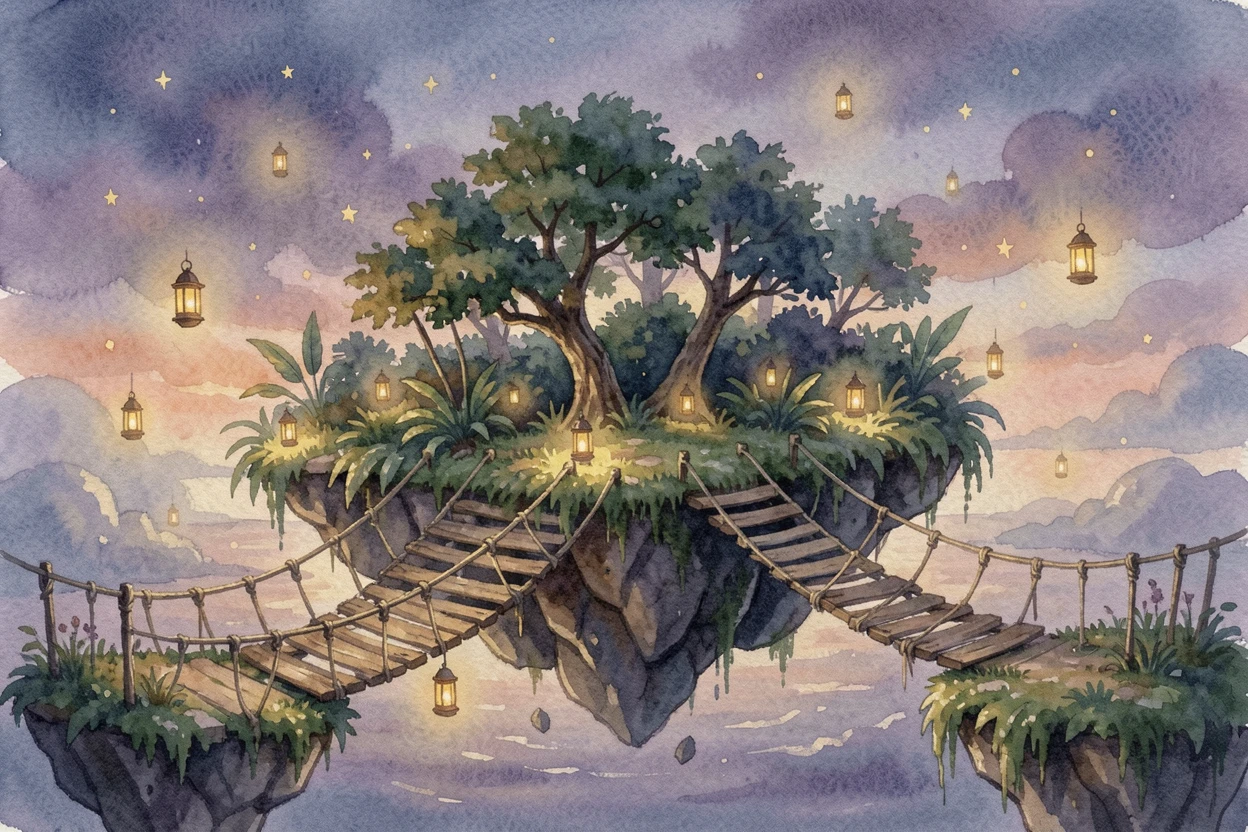 A floating island connected by rope bridges with tiny lanterns floating like stars.