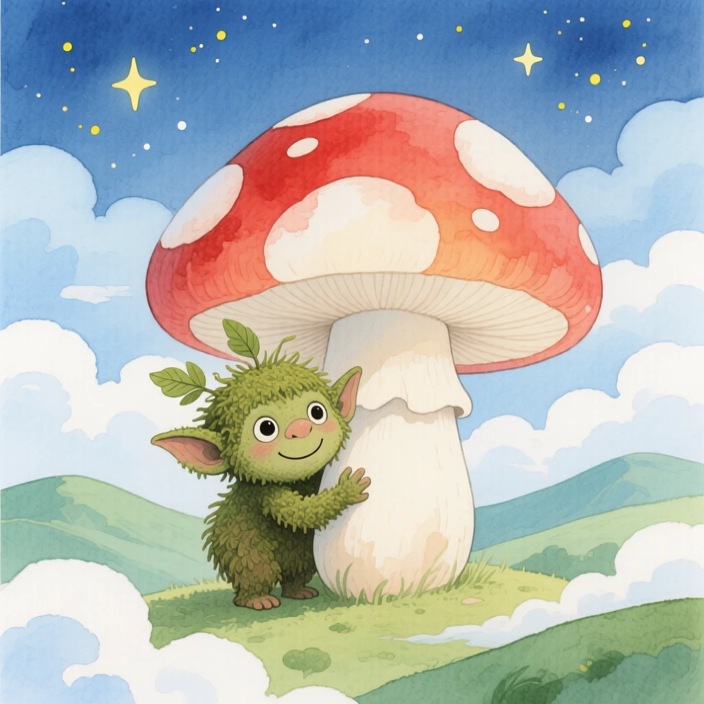 A tiny moss troll peeks out from behind a giant mushroom in a cloud kingdom above the hills, with stars beginning to appear overhead