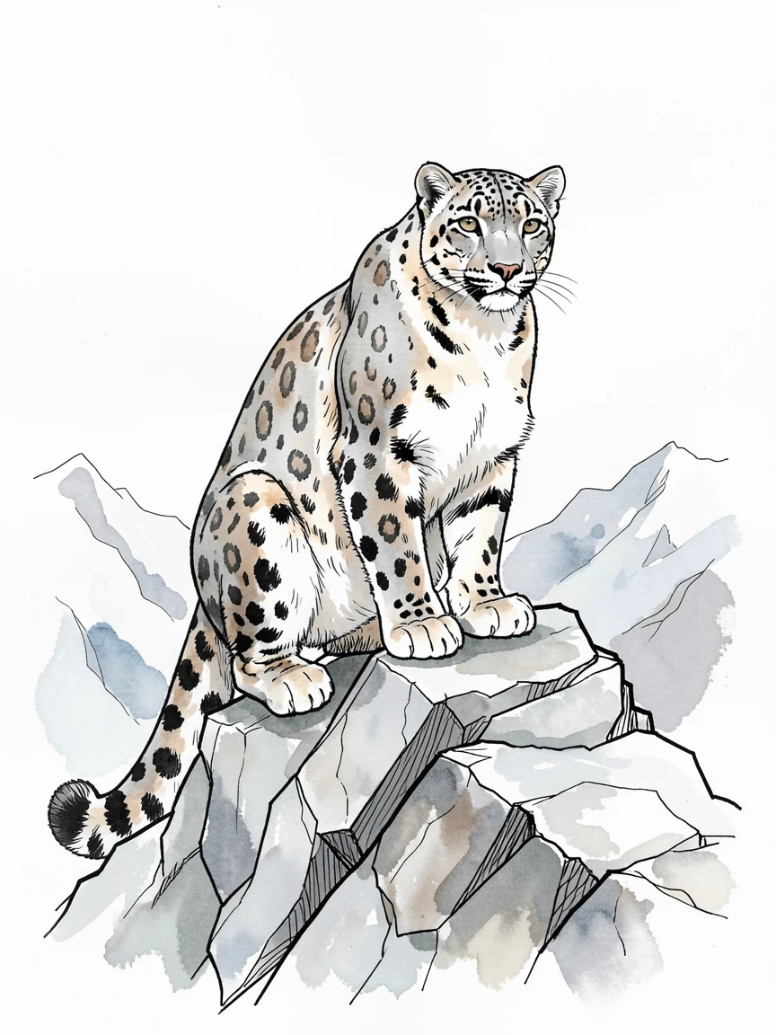 A snow leopard perched on a rocky Himalayan ledge, its thick spotted coat blending with the stone