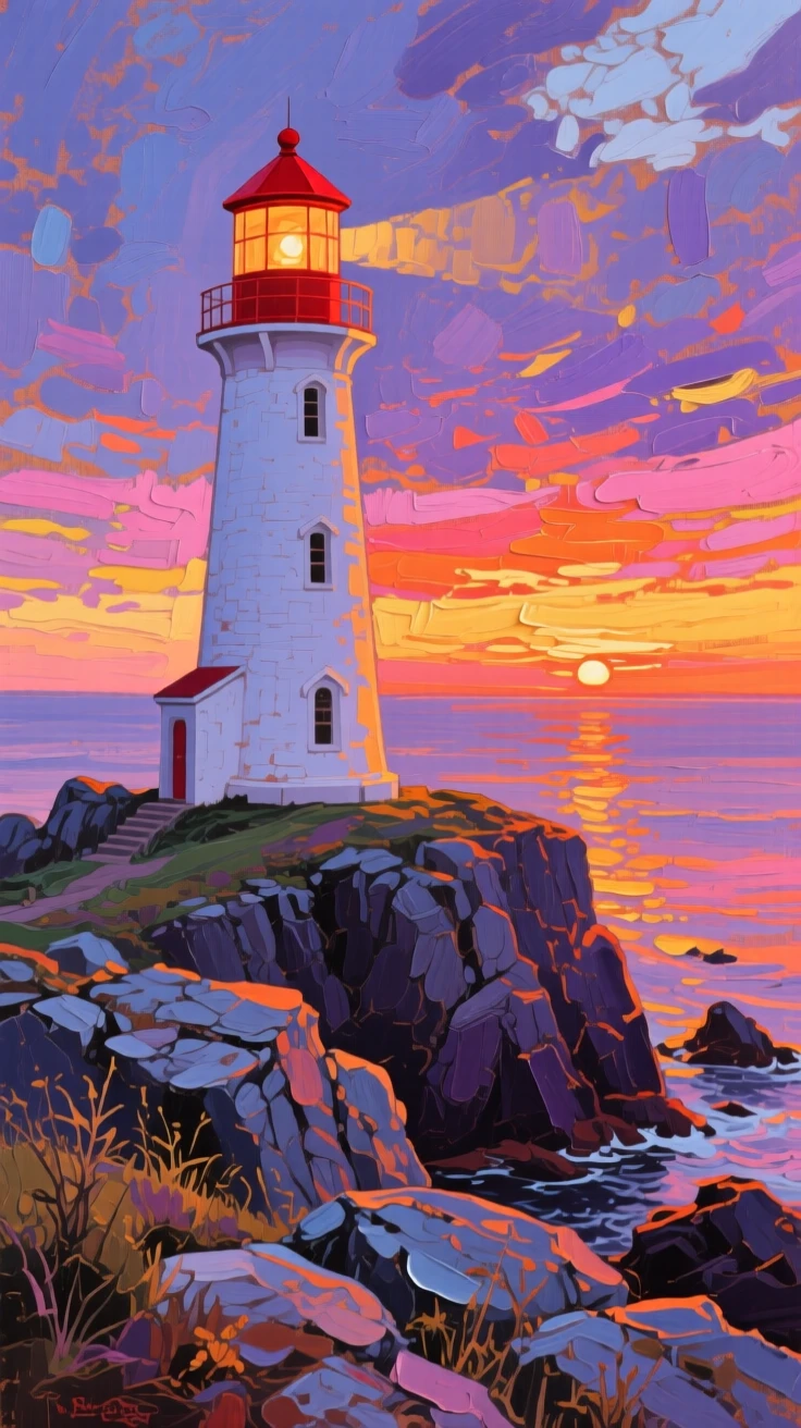 a solitary lighthouse on a rocky headland, at sunset, with a clear foreground, subject, and distant setting.