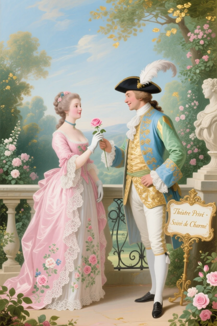 A lady receiving a rose from a costumed actor after a private theater performance  