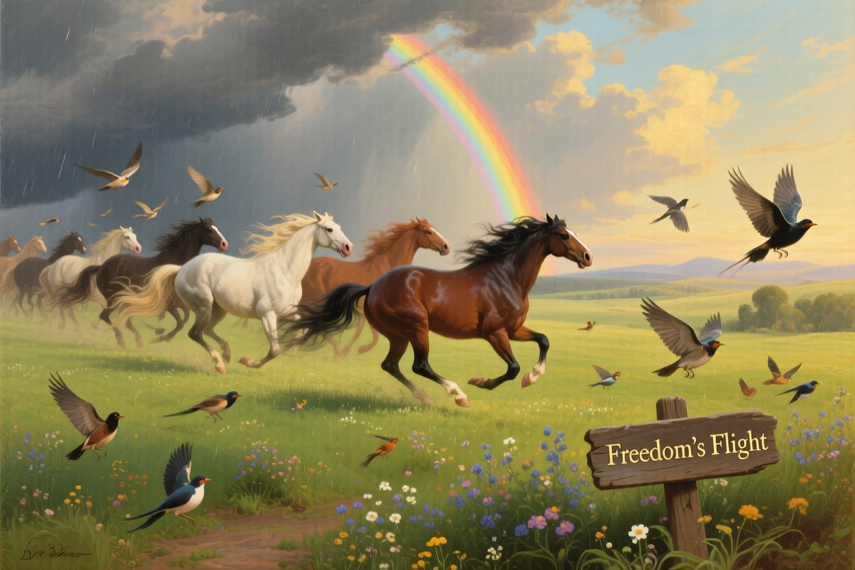 Wild mustangs ride across a rainbow-lit meadow after a storm while birds scatter before them.