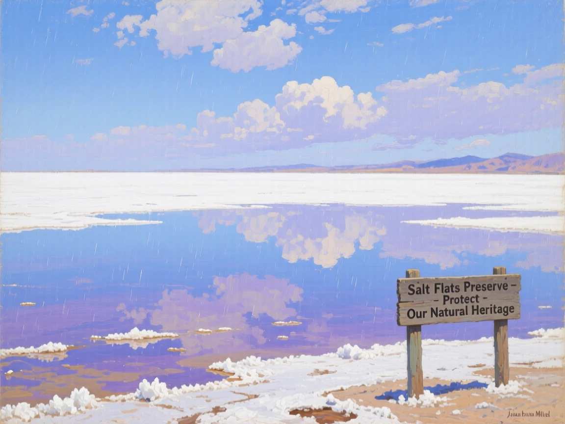 A mirror-like salt flat reflecting a perfect endless sky, with rich, saturated colors deepened by recent rainfall, evoking a profound sense of scale, silence, and wonder